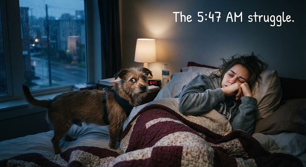 Relatable "morning wake-up" photo Sleepy owner in bed, dog with wide "I need to go" eyes, rain visible outside window. Text: "The 5:47 AM struggle."