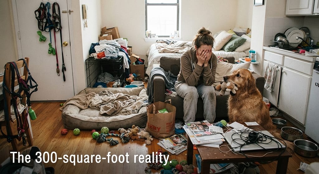 Relatable "cluttered" studio photo Small apartment with dog bed, toys, bowls, leashes visible, owner looking overwhelmed. Text: "The 300-square-foot reality."