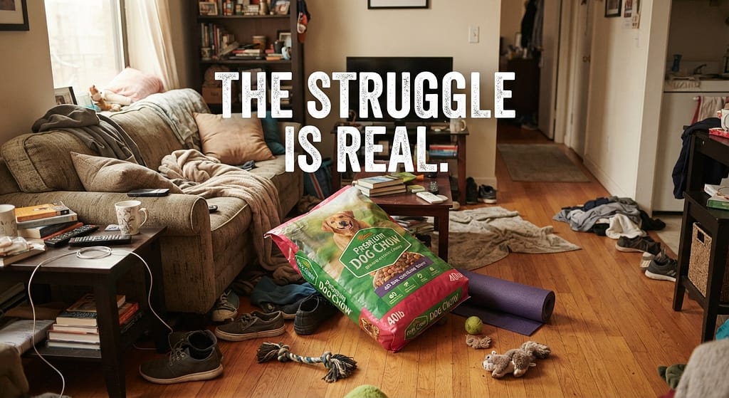 Relatable "cluttered" apartment photo Small apartment with giant dog food bag in middle of room, cluttered feel. Text: "The struggle is real."