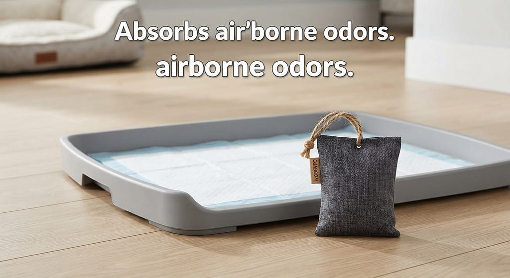 Charcoal bag near pad photo Small charcoal bag next to pad holder. Text: "Absorbs airborne odors."