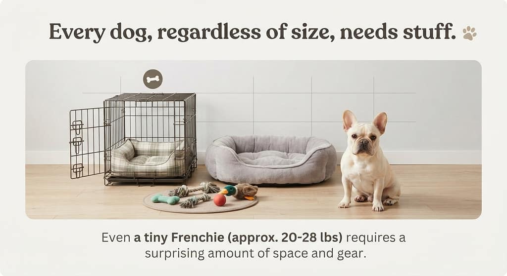 Size comparison graphic Small dog (Frenchie) vs stuff (crate, bed, toys). Text: "Every dog, regardless of size, needs stuff."