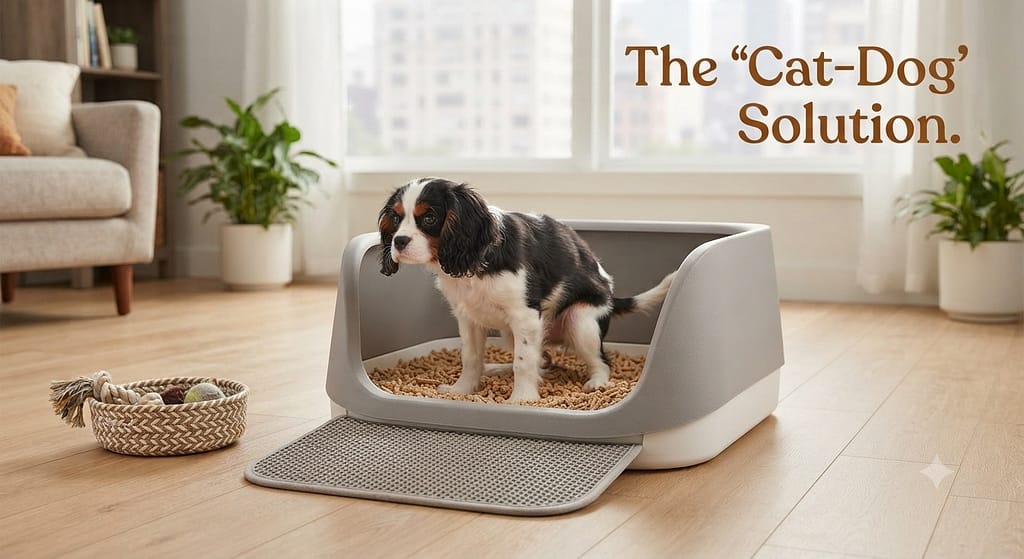 Litter box hero photo Small dog using litter box with pellets. Text: "The 'Cat-Dog' Solution."