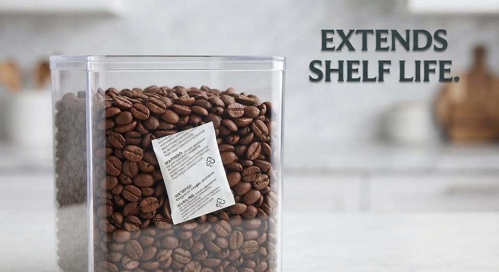 Oxygen absorber packet photo Small packet in food container. Text: "Extends shelf life."