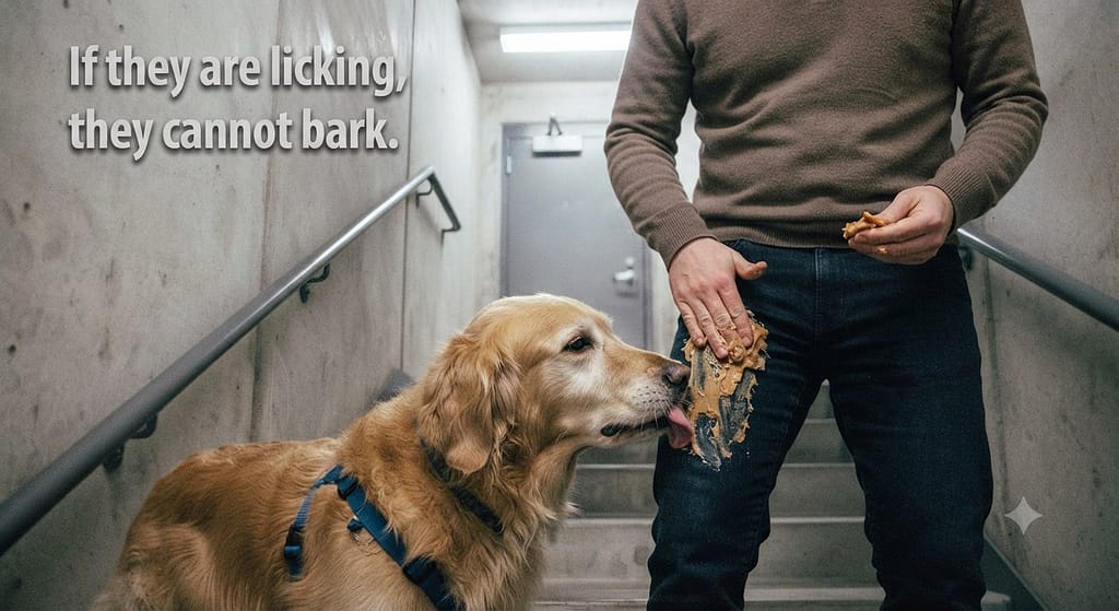 Treat smear photo Smearing treat on thigh, dog's nose at hip. Text: "If they are licking, they cannot bark."