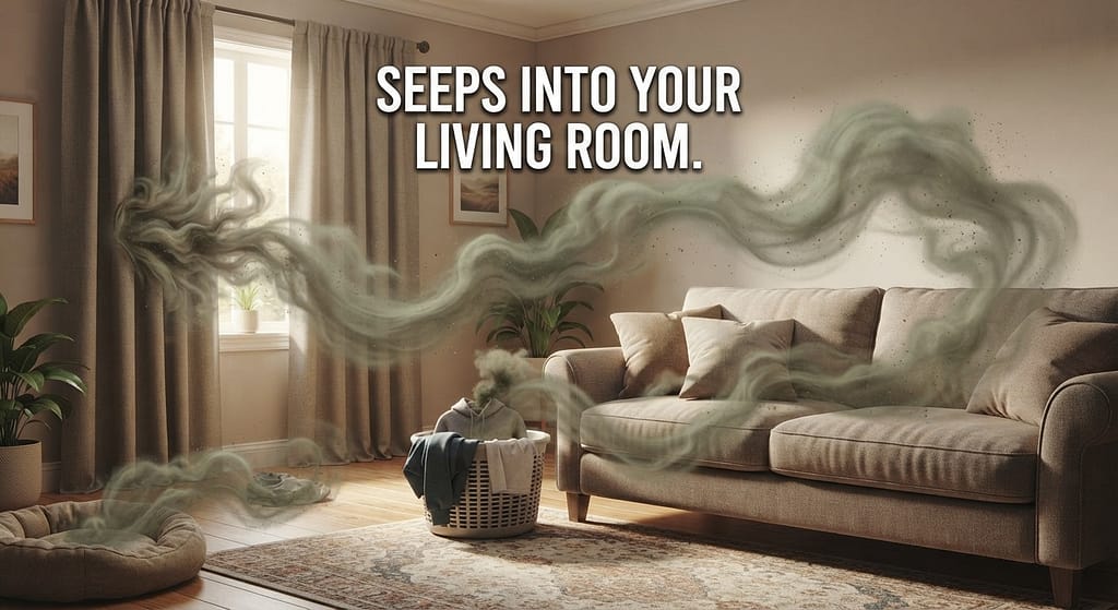 Odor cloud graphic Smell seeping into curtains, couch, clothes. Text: "Seeps into your living room."