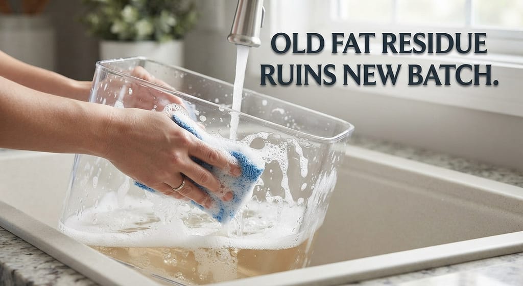 Washing container photo Soap and water cleaning bin. Text: "Old fat residue ruins new batch."