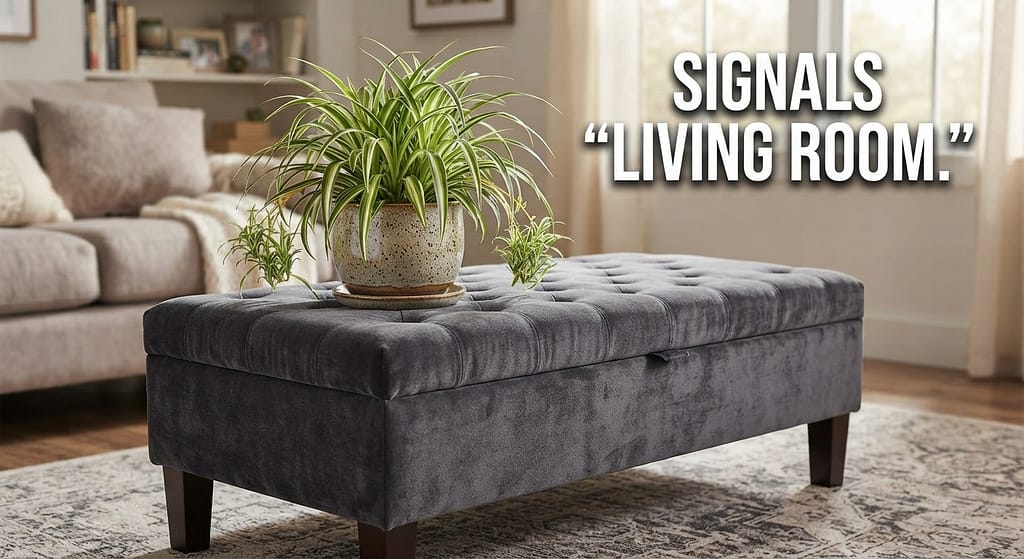 Ottoman with plant photo Spider plant on storage ottoman. Text: "Signals 'living room.'"