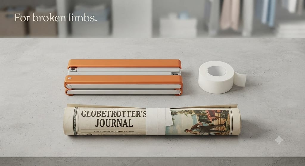 Foldable splint + tape photo Splint, tape, rolled magazine alternative. Text: "For broken limbs."
