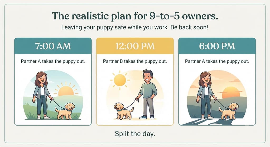 Split schedule graphic 7AM / 12PM / 6PM shifts. Text: "Split the day."