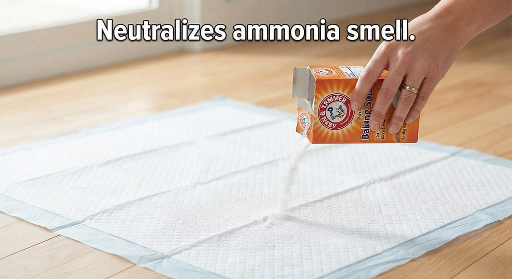 Baking soda on pad photo Sprinkling baking soda on pad. Text: "Neutralizes ammonia smell."