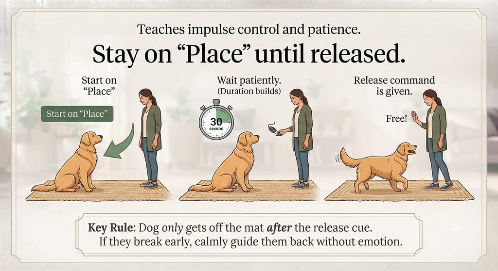 Place rule graphic "Stay on 'Place' until released." Text: "Teaches impulse control and patience."
