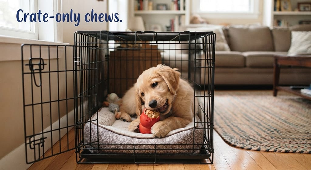 Kong in crate photo Stuffed Kong in crate, dog chewing. Text: "Crate-only chews."