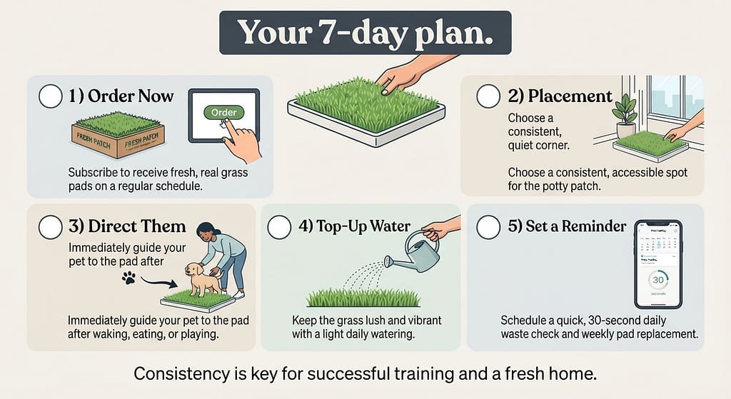 Subscription checklist 5 steps with checkboxes. Text: "Your 7-day plan."