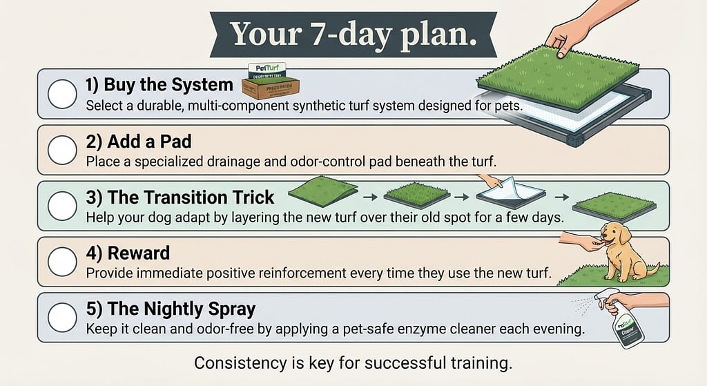 Synthetic turf checklist 5 steps with checkboxes. Text: "Your 7-day plan."
