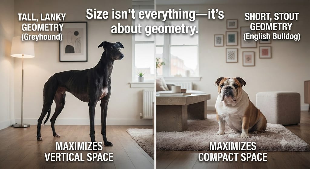Dog geometry comparison Tall lanky dog vs Short stout dog in apartment. Text: "Size isn't everythingโit's about geometry."