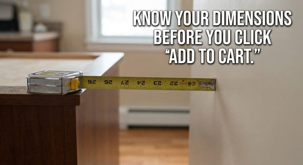 Measuring tape photo Tape measure against cabinet, wall gap. Text: "Know your dimensions before you click 'add to cart.'"