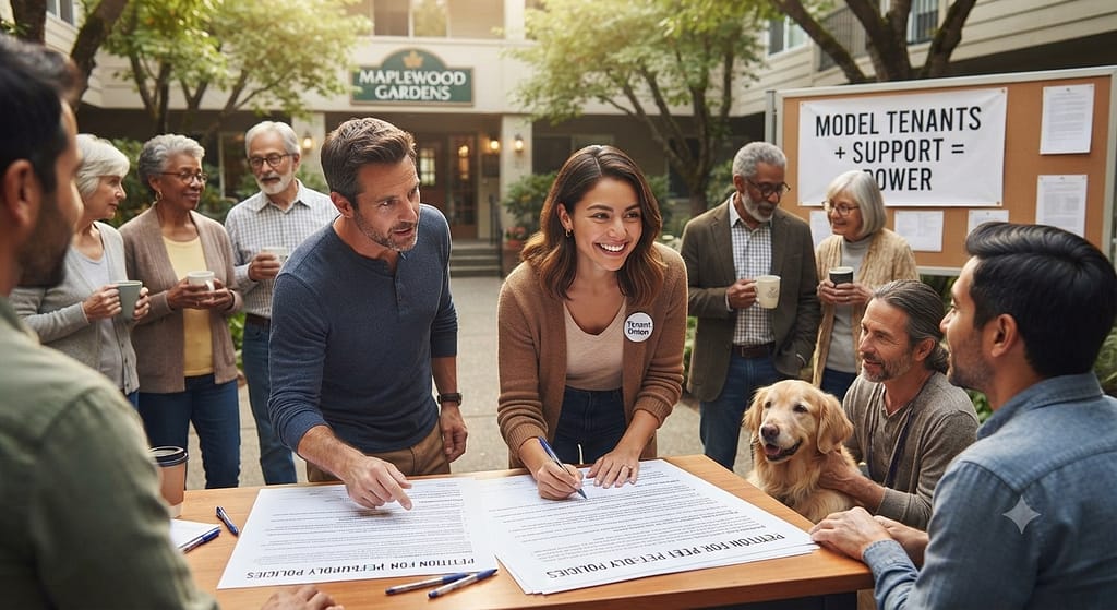 Petition hero photo Tenants signing petition for pet-friendly policy. Text: "Model tenants + support = power."