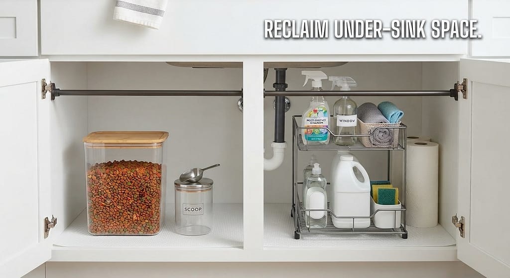 Under-sink organized photo Tension rod dividing space, dog food on one side. Text: "Reclaim under-sink space."