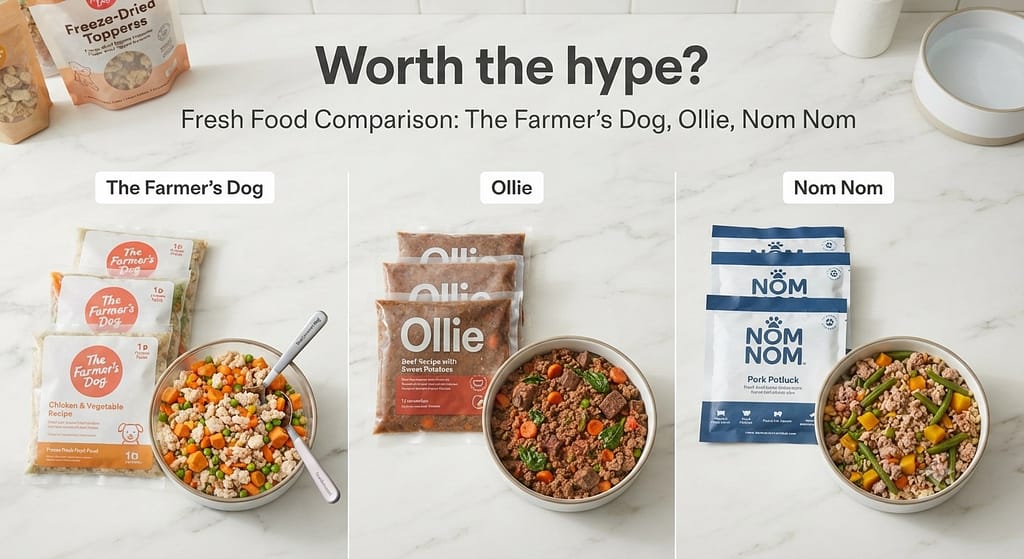 Fresh food comparison The Farmer's Dog, Ollie, Nom Nom packaging. Text: "Worth the hype?"