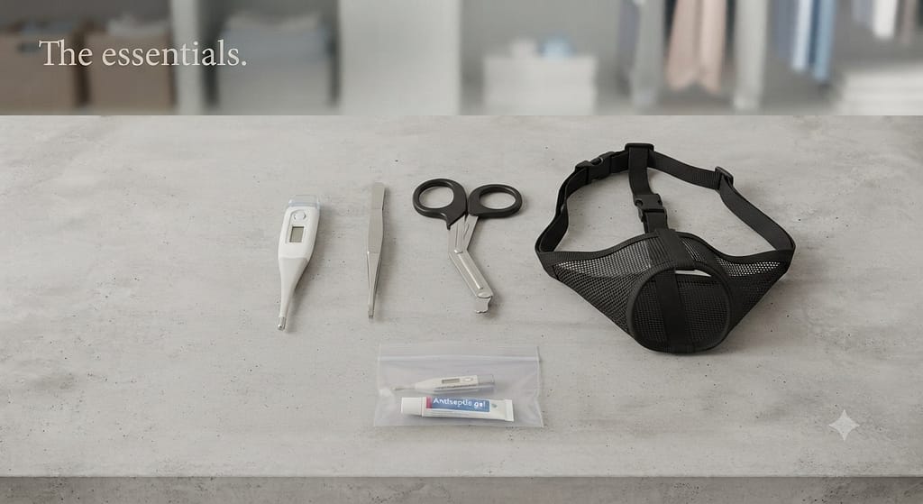 Tool flat lay Thermometer, tweezers, blunt-tipped scissors, muzzle. Text: "The essentials."