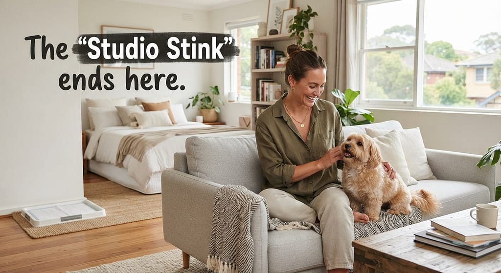 "After" hero photo Tidy studio apartment with discreet pad setup, happy dog, peaceful owner. Text: "The 'Studio Stink' ends here."