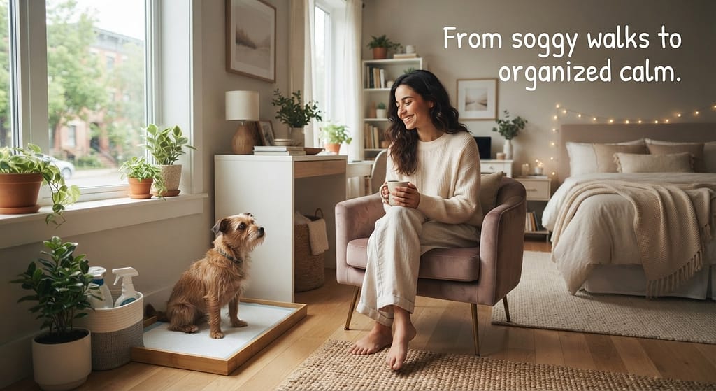 Aspirational hero photo Tidy studio apartment with discreet potty pad setup, happy dog, peaceful owner. Text: "From soggy walks to organized calm."