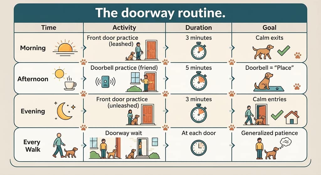 Time
Activity
Duration
Goal
Morning
Front door practice (leashed)
3 minutes
Calm exits
Afternoon
Doorbell practice (friend)
5 minutes
Doorbell = "Place"
Evening
Front door practice (unleashed)
3 minutes
Calm entries
Every Walk
Doorway wait
At each door
Generalized patience