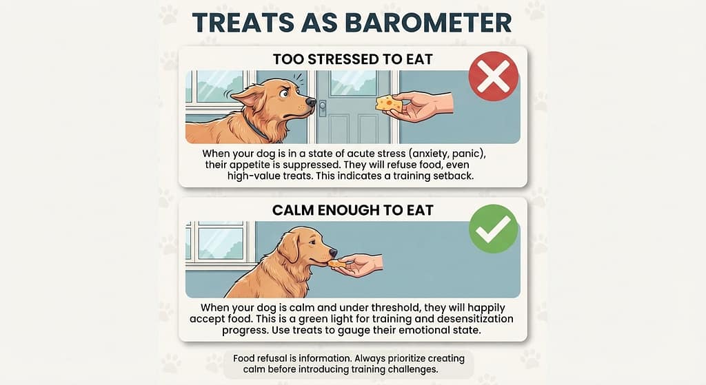 Stress vs hunger graphic Too stressed to eat (❌) vs Calm enough to eat (✅). Text: "Treats as barometer."