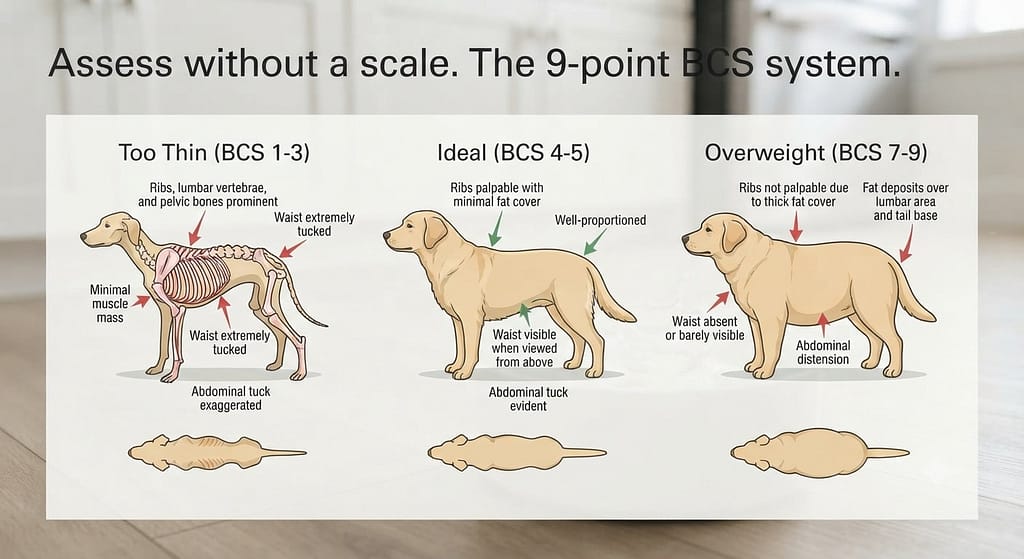 BCS comparison diagram Too thin, Ideal, Overweight side-by-side. Text: "Assess without a scale."