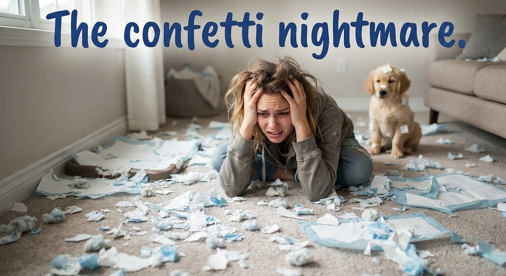 Shredded pad photo Torn pad confetti, frustrated owner. Text: "The confetti nightmare."