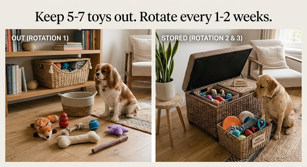 Toy rotation graphic 5-7 toys out, rest stored. Text: "Keep 5-7 toys out. Rotate every 1-2 weeks."