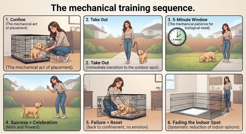 Training sequence (6 images) 1. Confine / 2. Take Out / 3. 5-Minute Window / 4. Success = Celebration / 5. Failure = Reset / 6. Fading the Indoor Spot. Text: "The mechanical training sequence."