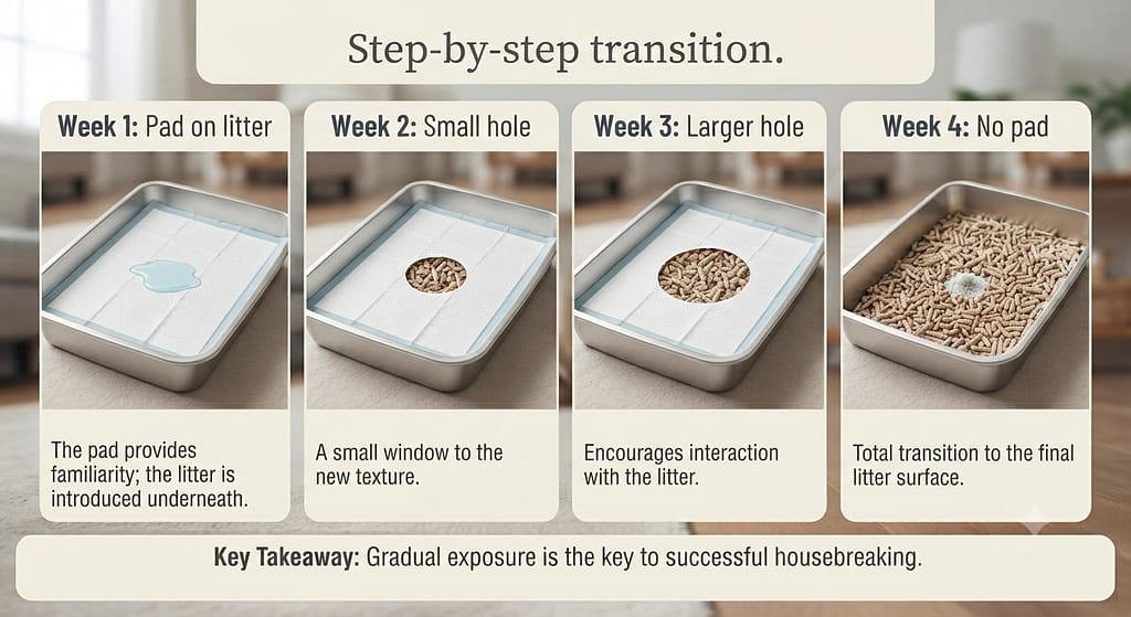 Transition sequence (4 images) Week 1: Pad on litter / Week 2: Small hole / Week 3: Larger hole / Week 4: No pad. Text: "Step-by-step transition."