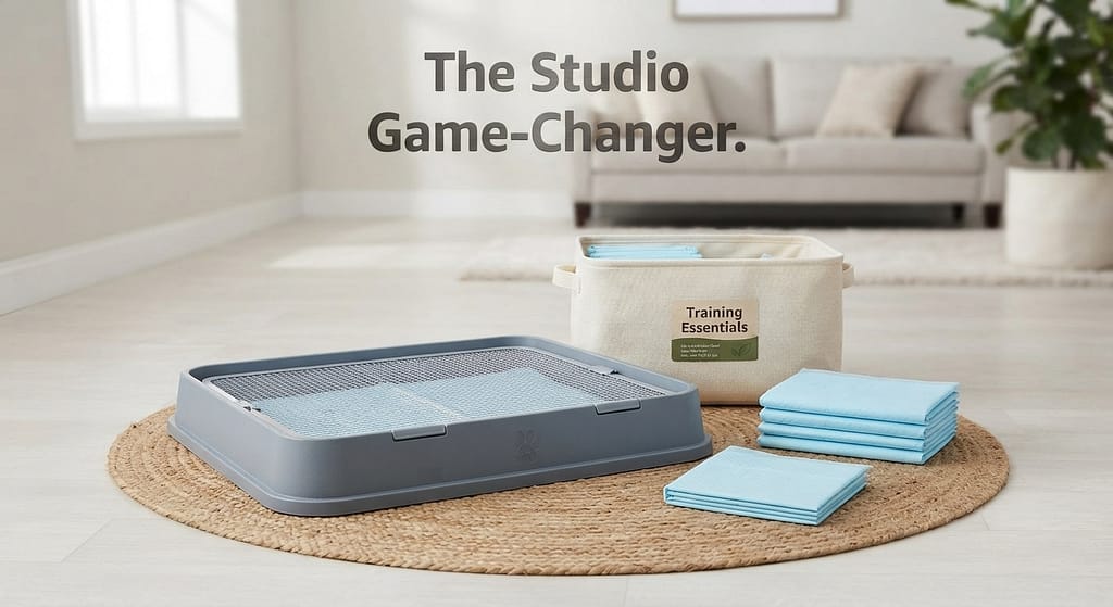 Pad holder system photo Tray with grate, pad underneath. Text: "The Studio Game-Changer."