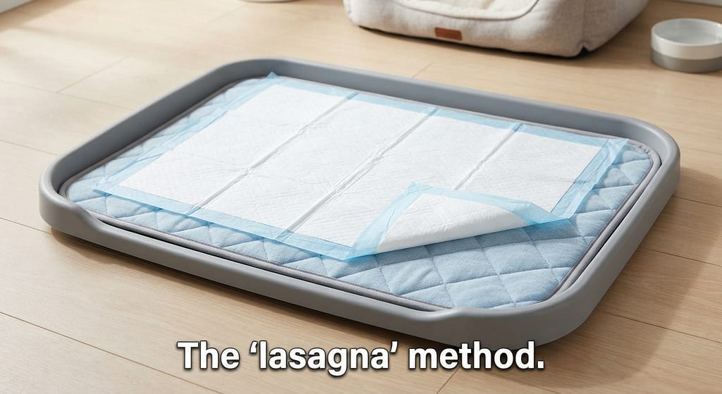 Pad "lasagna" method photo Tray with washable pad bottom, disposable pad top. Text: "The 'lasagna' method."