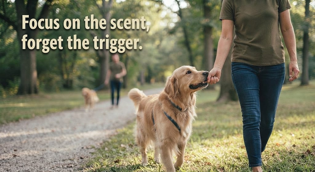Treat hand photo Treat in closed fist at dog's nose level, walking past trigger. Text: "Focus on the scent, forget the trigger."