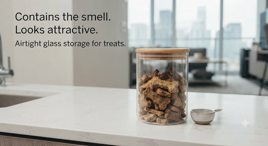 Glass jar storage photo Treats in glass jar with tight seal on counter. Text: "Contains the smell. Looks attractive."