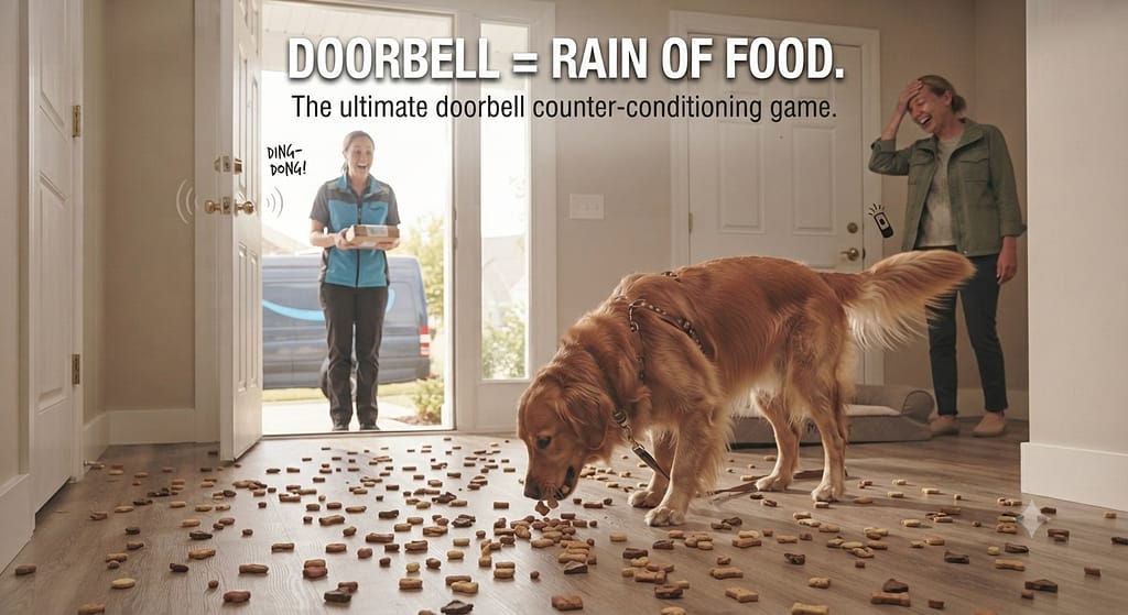 Treat scatter at door photo Treats scattered on floor as delivery person arrives. Text: "Doorbell = rain of food."