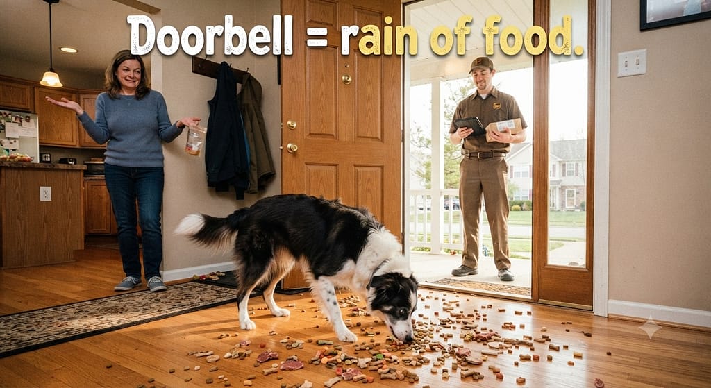 Treat scatter at door photo Treats scattered on floor as delivery person arrives. Text: "Doorbell = rain of food."