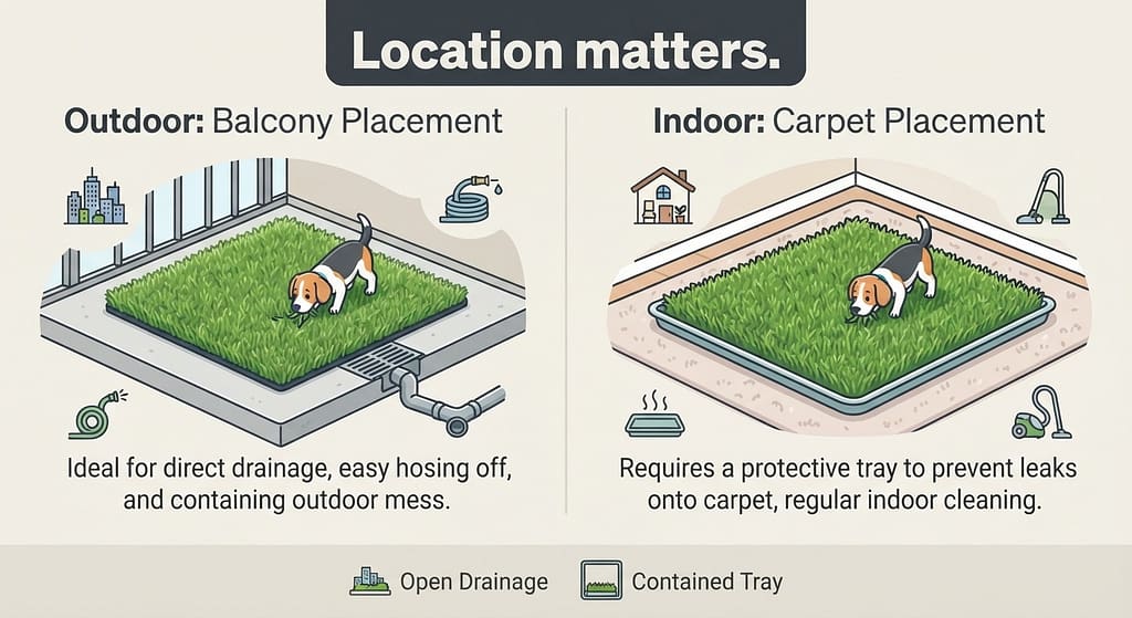 Balcony vs indoor placement Turf on balcony with drain vs Turf on carpet with tray. Text: "Location matters."