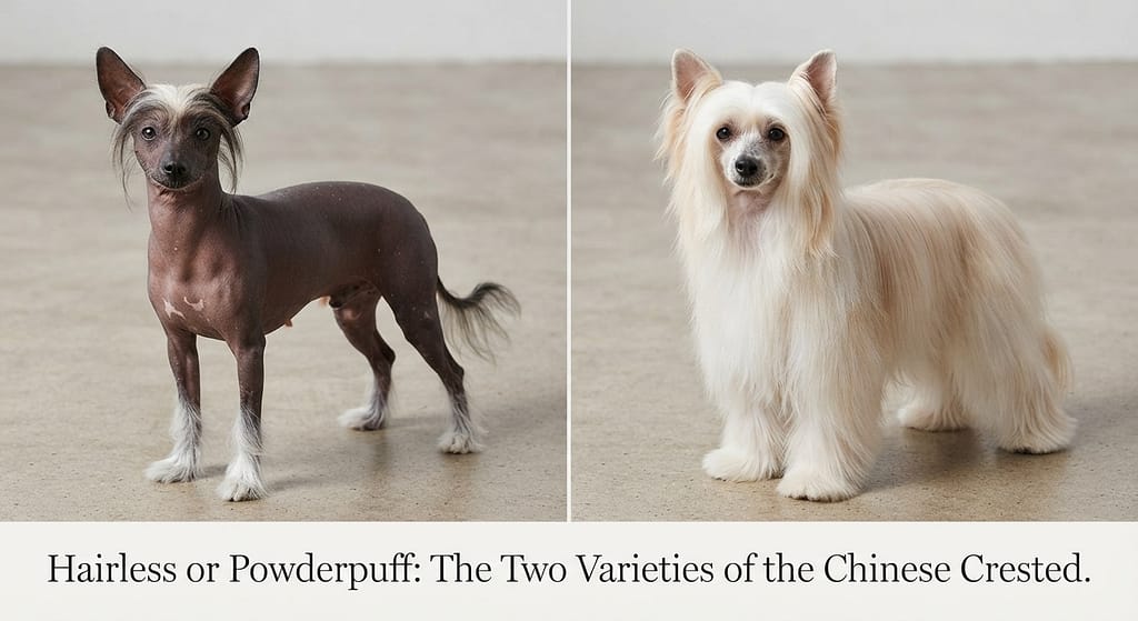 Hairless vs Powderpuff comparison Two Chinese Crested varieties side by side. Text: "Hairless or Powderpuff."