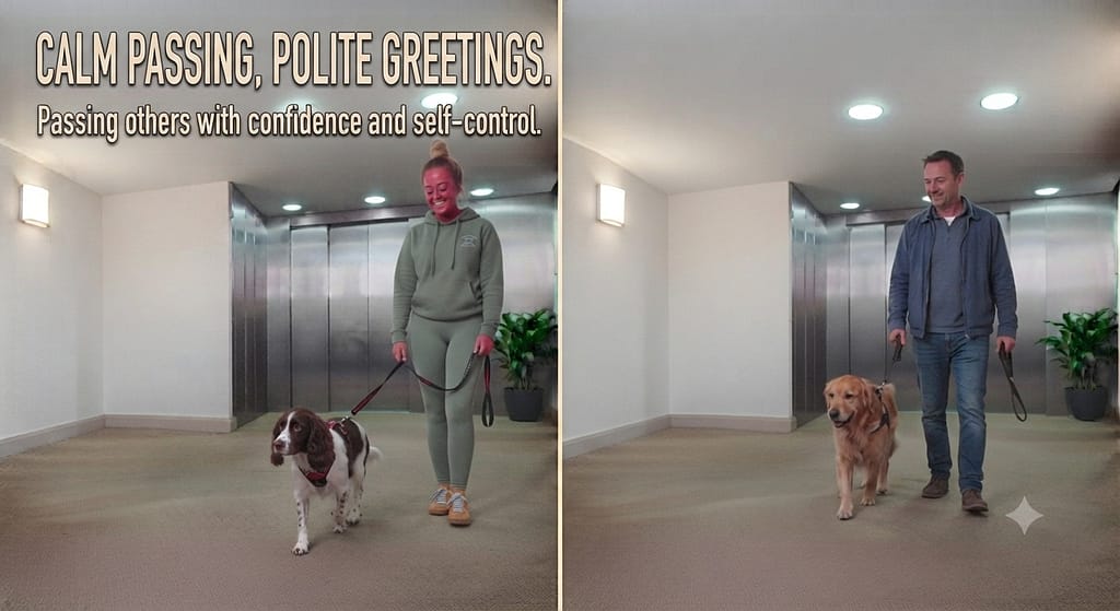Dog-to-dog greeting hero photo Two dogs passing calmly with distance, owners relaxed. Text: "Calm passing, polite greetings."