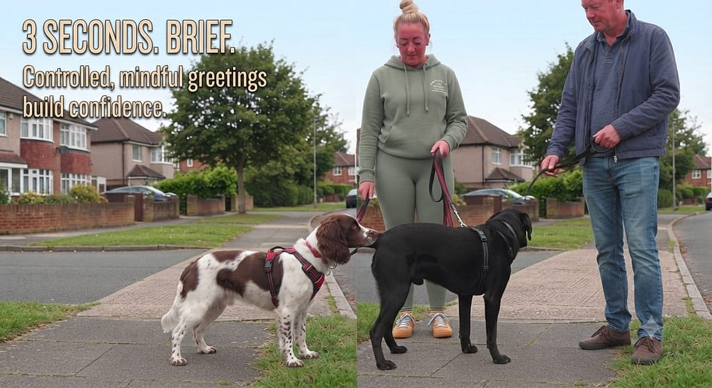 Sniff greeting photo Two dogs sniffing briefly, owners monitoring. Text: "3 seconds. Brief."