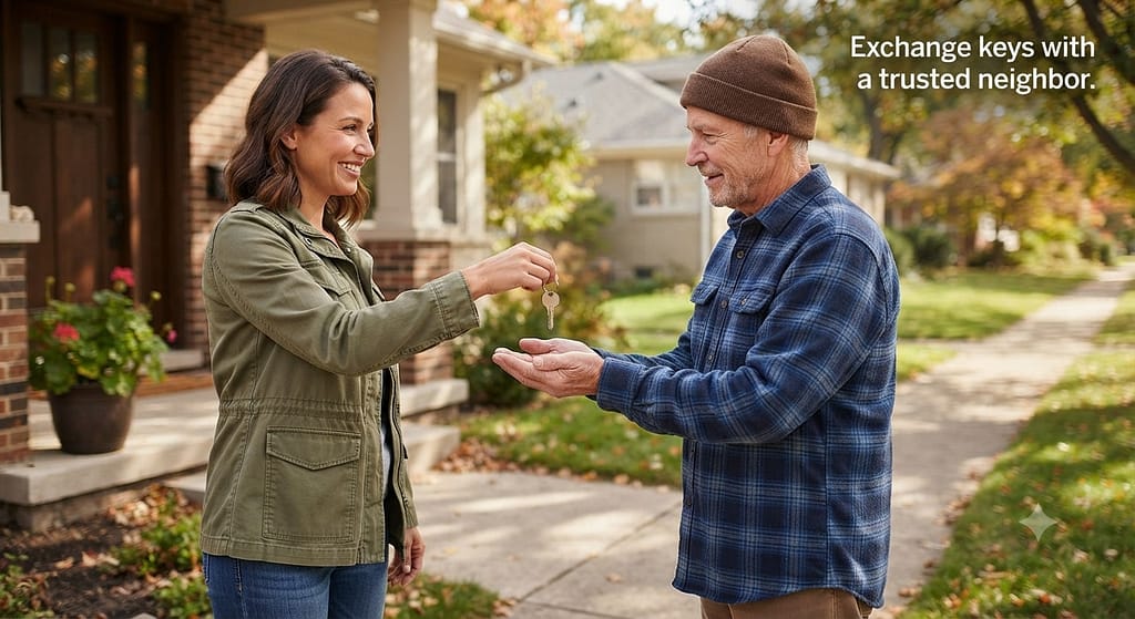 Neighbor handshake photo Two neighbors exchanging keys. Text: "Exchange keys with a trusted neighbor."