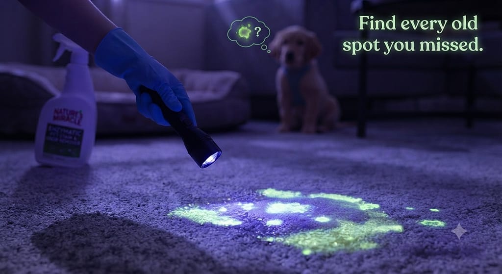 Black light action photo UV light revealing old accident spots. Text: "Find every old spot you missed."