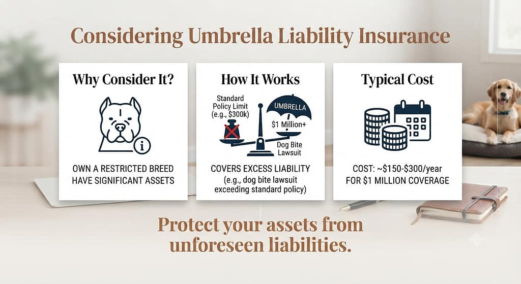 Umbrella policy graphic $1M+ coverage for lawsuits. Text: "Essential for restricted breeds."