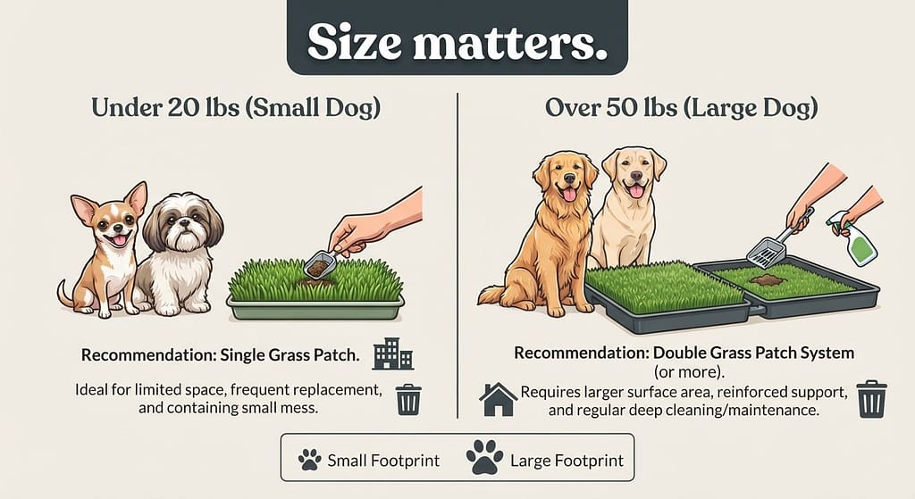 Size comparison graphic Under 20 lbs (small dog) vs Over 50 lbs (large dog) with recommended solutions. Text: "Size matters."