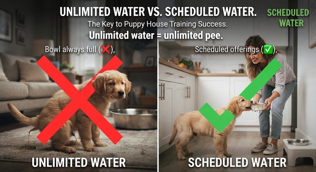 Unlimited water vs scheduled water Bowl always full (β) vs Scheduled offerings (β
). Text: "Unlimited water = unlimited pee."