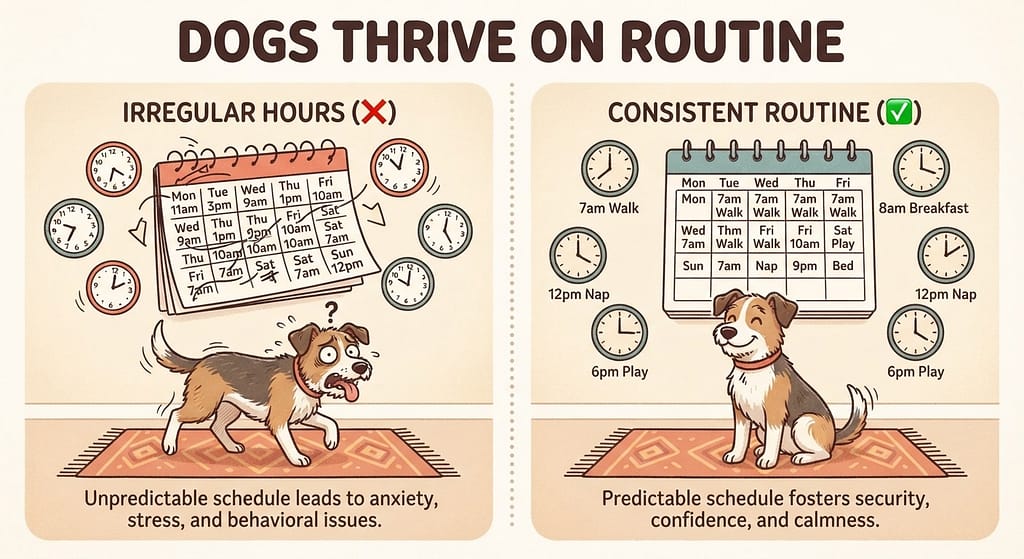 Irregular vs routine calendar Unpredictable hours (❌) vs Consistent routine (✅). Text: "Dogs thrive on routine."