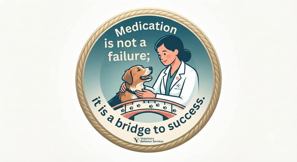Veterinary behaviorist icon Text: "Medication is not a failure; it is a bridge to success."